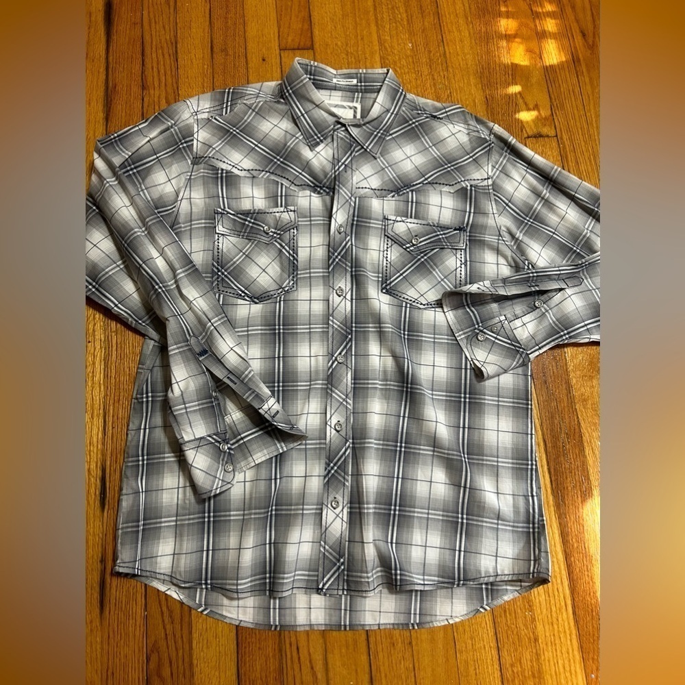 BKE Button Up Shirt Men's XL Grey White Long Sleeve Western Slim Fit Stretch